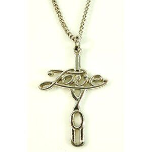 I Love You Cross Necklace Claspless Silvertone 26in Christian Religious Jewelry